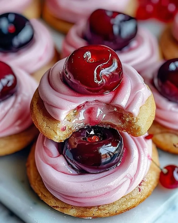Strawberry frosted cherry cookies displayed on a decorative plate