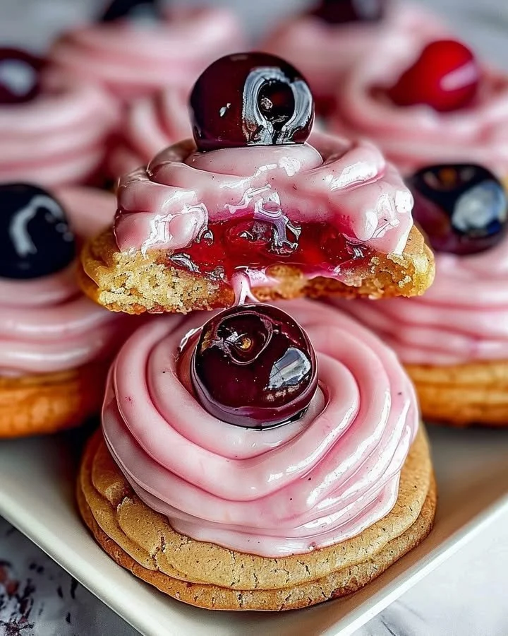 Delicious Strawberry Frosted Cherry Cookies served on a plate.