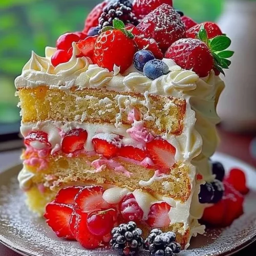 Delicious Strawberry Lemon Layer Cake with layers of fresh strawberries and lemon frosting