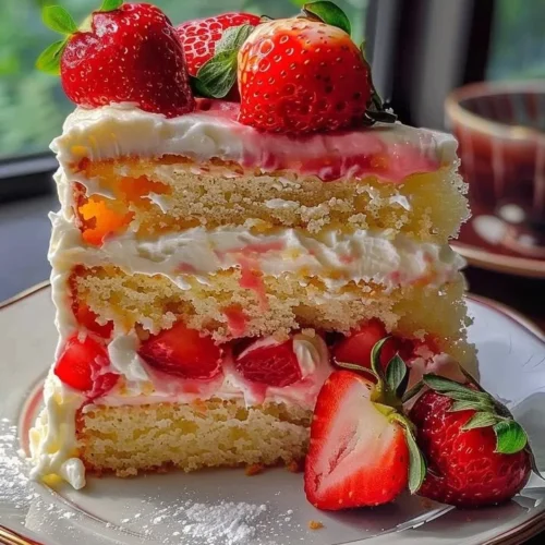 Strawberry Lemon Layer Cake with fresh berries and lemon slices