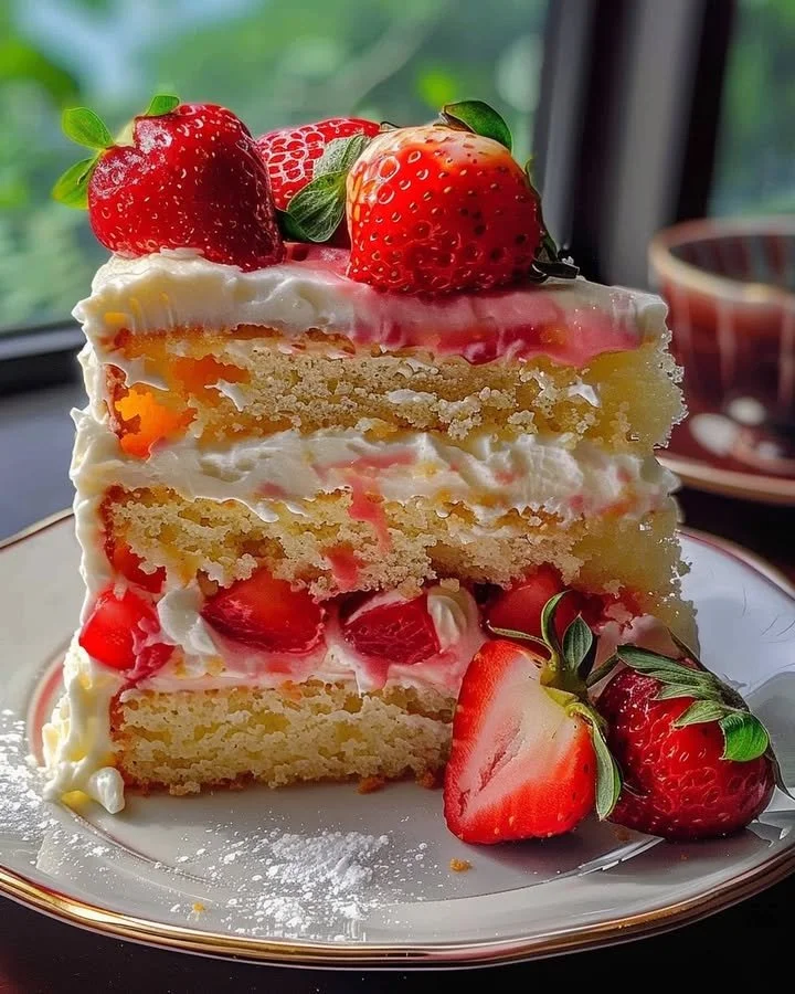 Strawberry Lemon Layer Cake with fresh berries and lemon slices