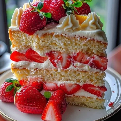 Delicious Strawberry Lemon Layer Cake with fresh strawberries and lemon frosting
