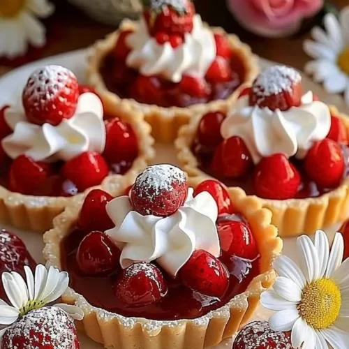 Delicious homemade strawberry meringue tarts with fresh strawberries on top.