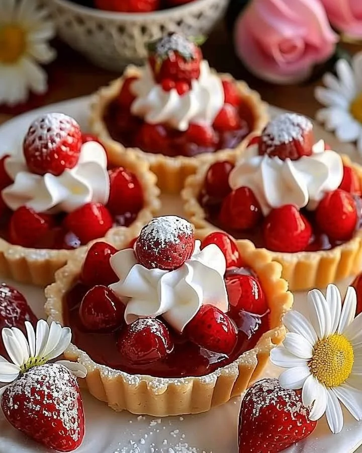 Delicious homemade strawberry meringue tarts with fresh strawberries on top.