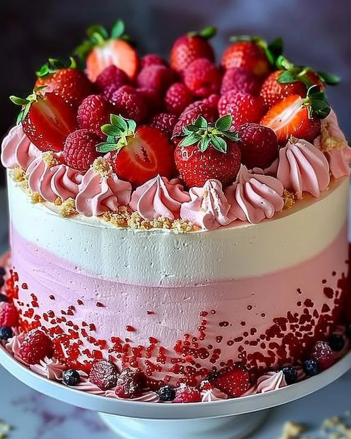 Delicious Strawberry Ombre Cake with Whipped Cream Frosting decoration