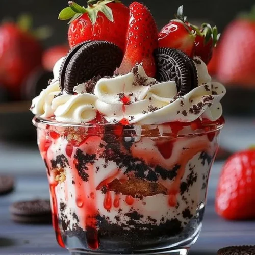 Delicious Strawberry Oreo Cheesecake Cup topped with fresh strawberries and crushed Oreos.