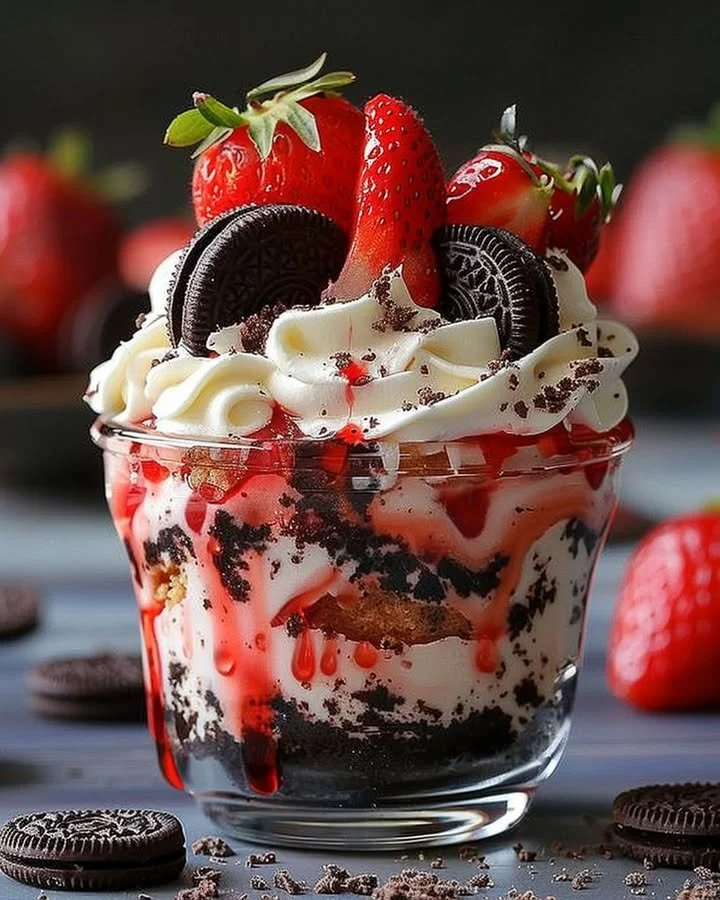 Delicious Strawberry Oreo Cheesecake Cup topped with fresh strawberries and crushed Oreos.