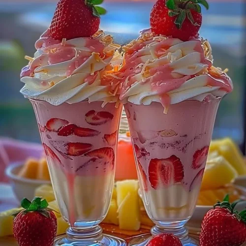 Strawberry Piña Colada Cake topped with Malibu frosting on a white plate