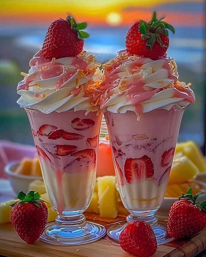 Strawberry Piña Colada Cake topped with Malibu frosting on a white plate