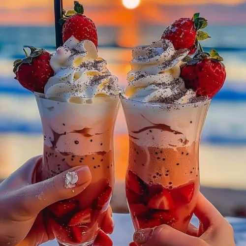 Strawberry Piña Colada with Malibu frosting in a tropical setting
