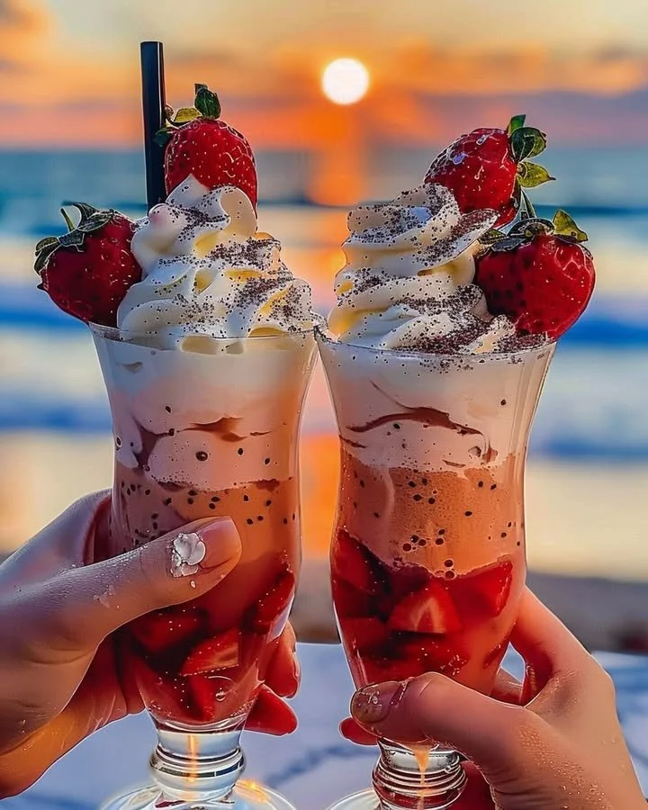 Strawberry Piña Colada with Malibu frosting in a tropical setting