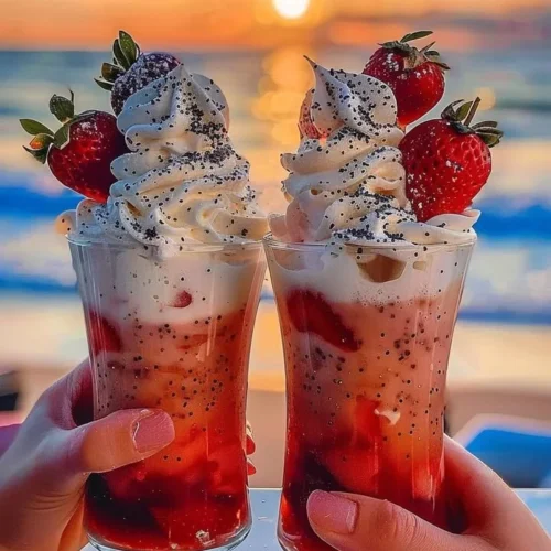 Strawberry Piña Colada with Malibu frosting served in a tropical setting