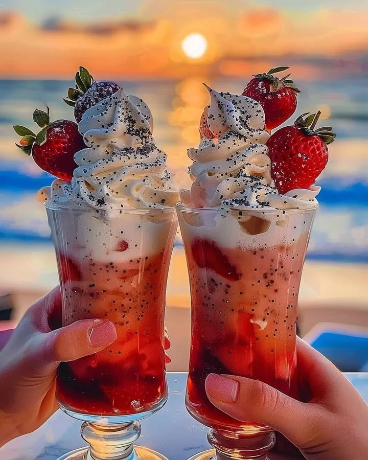 Strawberry Piña Colada with Malibu frosting served in a tropical setting