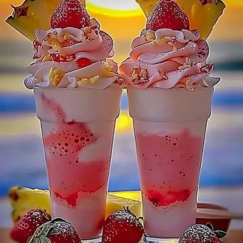 Strawberry Piña Colada with Malibu frosting served in a vibrant tropical setting.