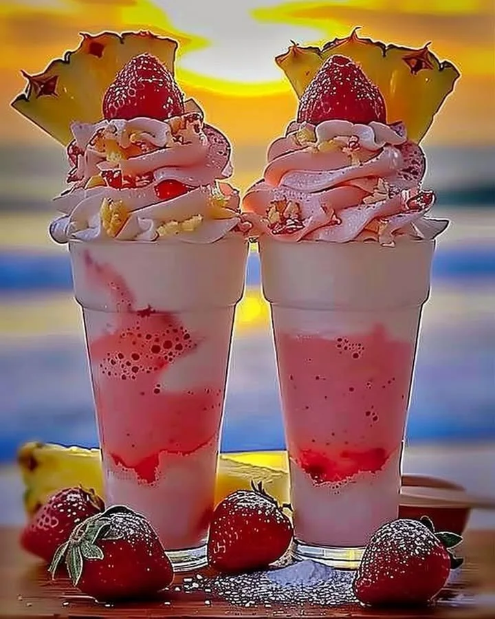 Strawberry Piña Colada with Malibu frosting served in a vibrant tropical setting.