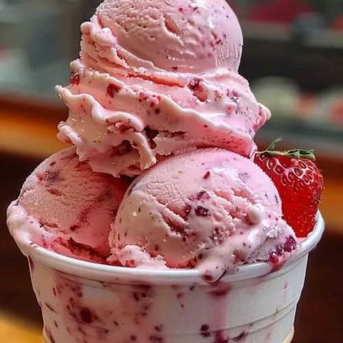 A scoop of Strawberry Sensation Ice Cream topped with fresh strawberries