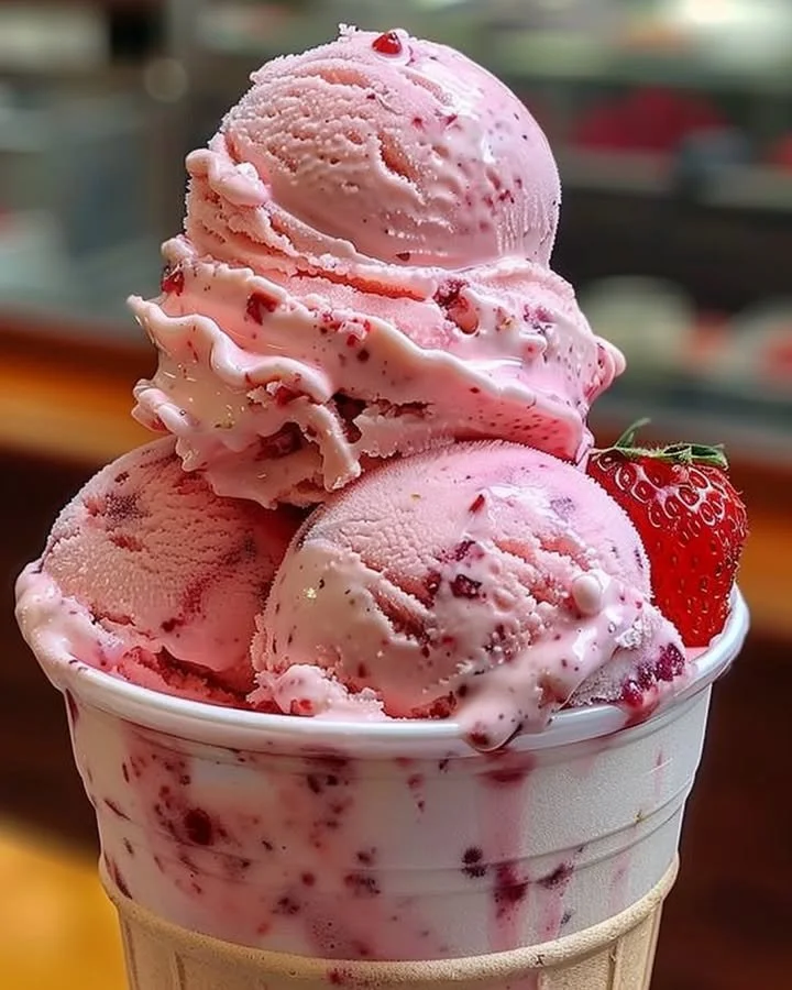 A scoop of Strawberry Sensation Ice Cream topped with fresh strawberries