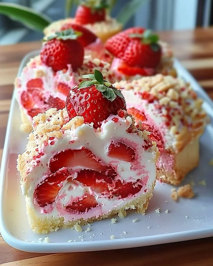 Strawberry shortcake cheesecake topped with fresh strawberries and whipped cream