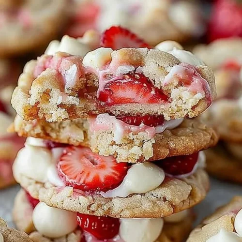 Delicious strawberry shortcake cheesecake stuffed cookies on a plate