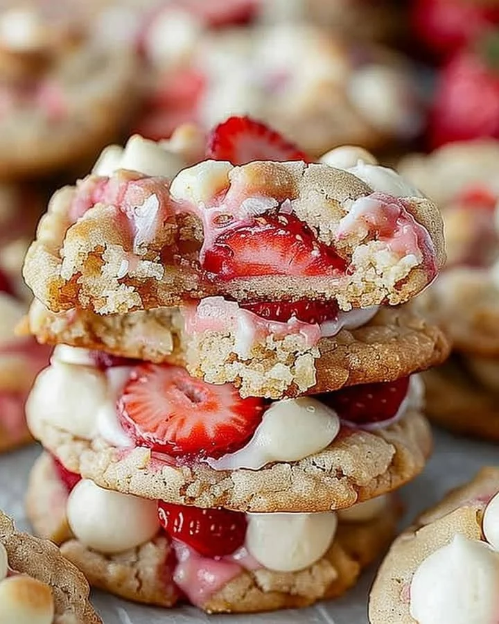 Delicious strawberry shortcake cheesecake stuffed cookies on a plate