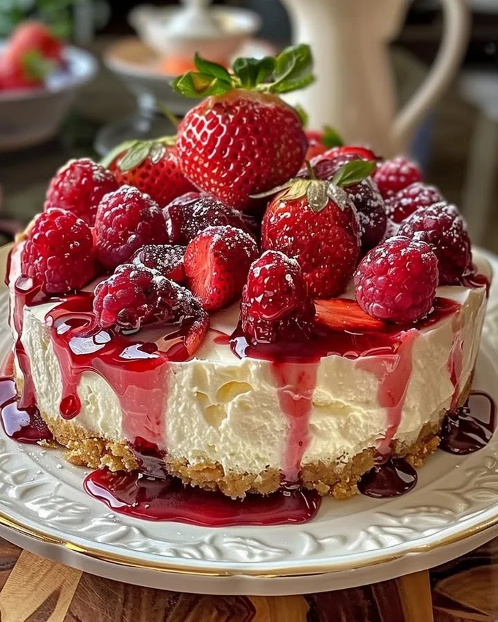 Delicious strawberry swirl cheesecake on a plate with fresh strawberries