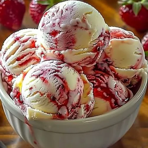 Delicious strawberry swirl ice cream in a cone topped with fresh strawberries