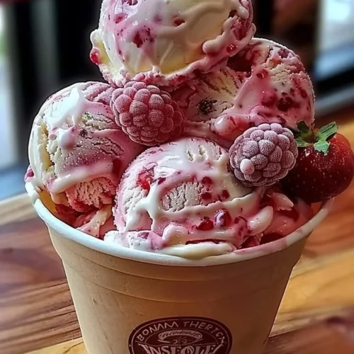 Delicious strawberry vanilla bean ice cream topped with fresh strawberries.
