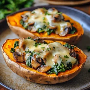 Stuffed sweet potatoes with mushroom and spinach on a plate