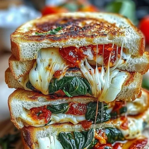 Sun-Dried Tomato, Spinach, and Ricotta Grilled Cheese sandwich on a plate