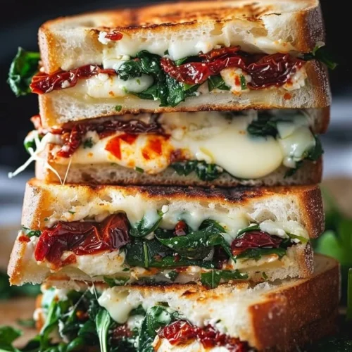 Sun-dried tomato spinach and ricotta grilled cheese sandwich on a plate.