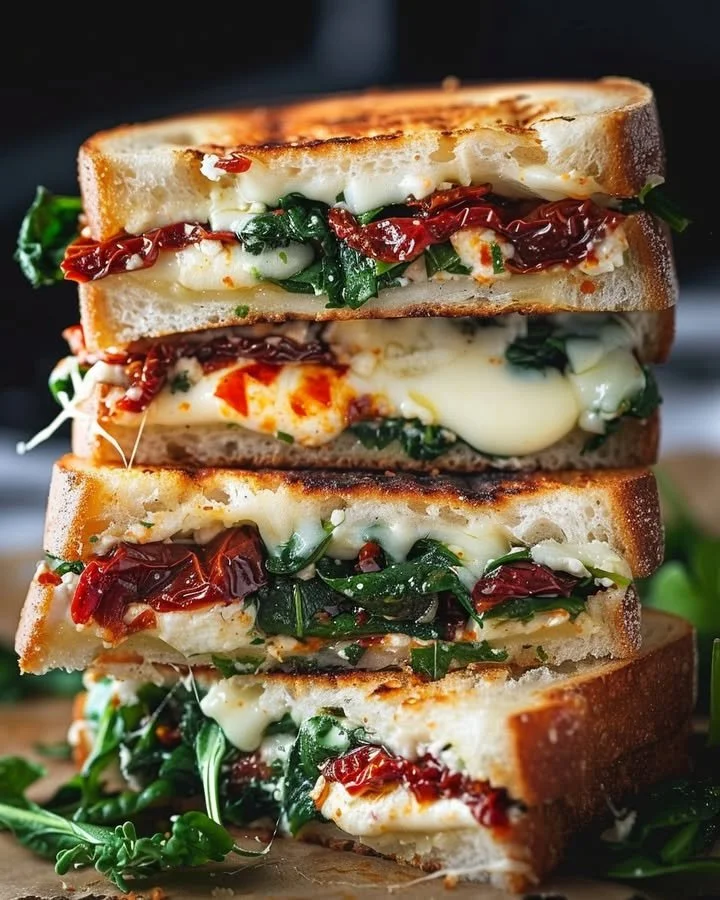 Sun-dried tomato spinach and ricotta grilled cheese sandwich on a plate.