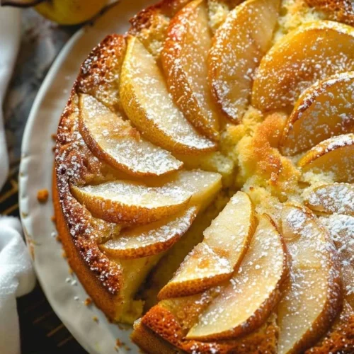 A slice of super moist pear cake topped with fresh pears on a plate.