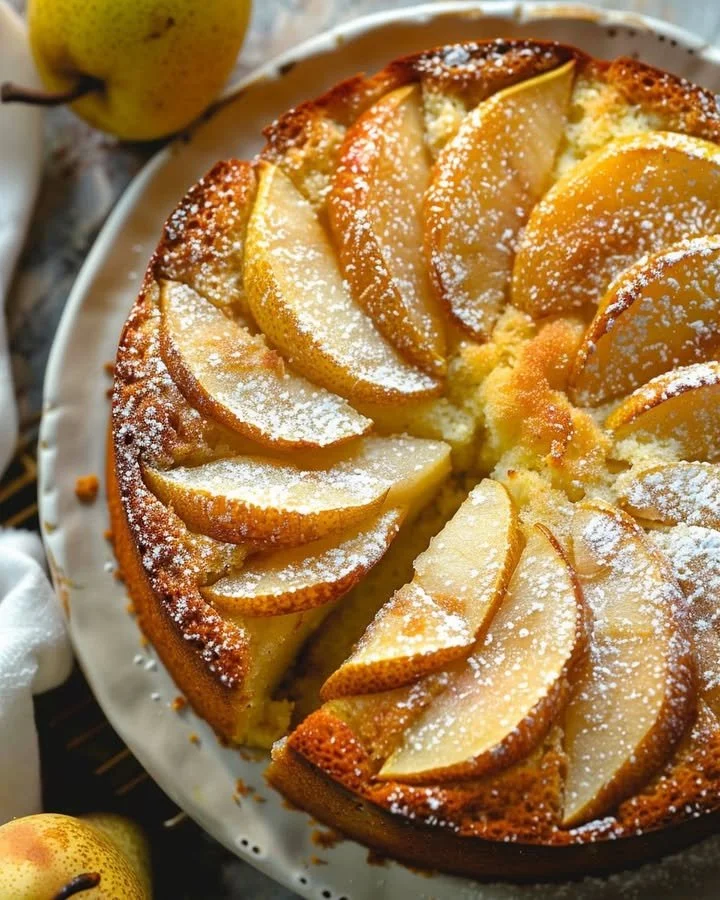 A slice of super moist pear cake topped with fresh pears on a plate.