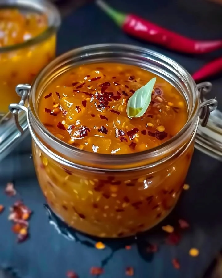 Bowl of sweet pineapple and ginger sauce drizzled over grilled chicken.