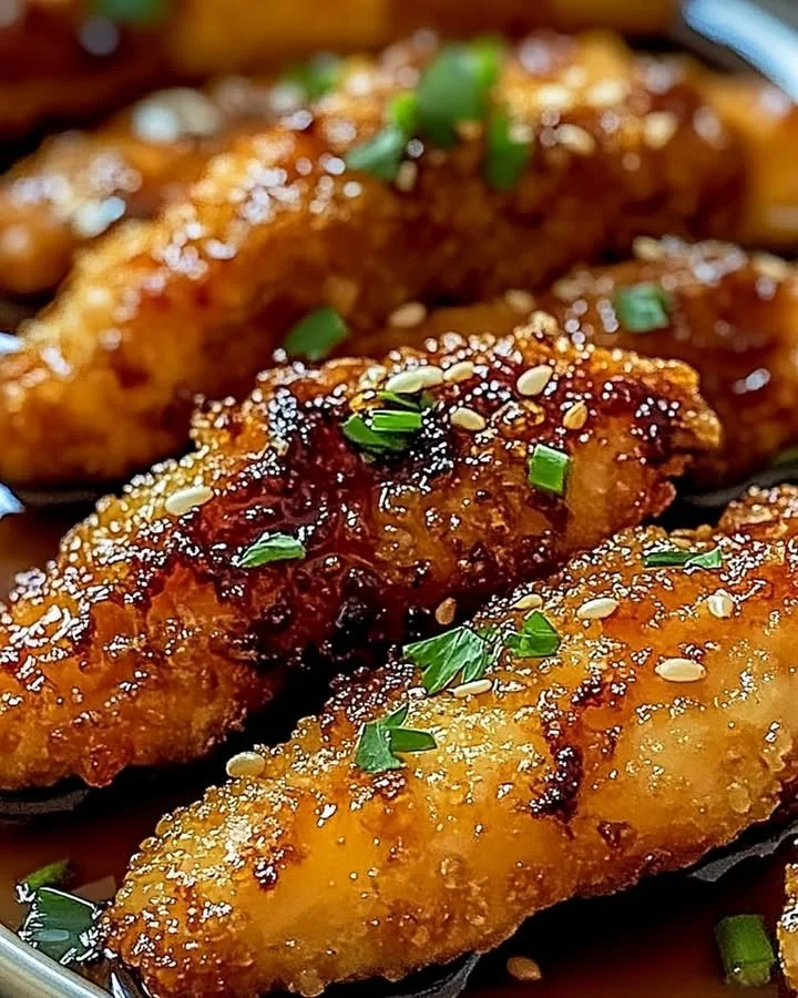 Honey garlic chicken tenders cooked in an air fryer, golden and crispy
