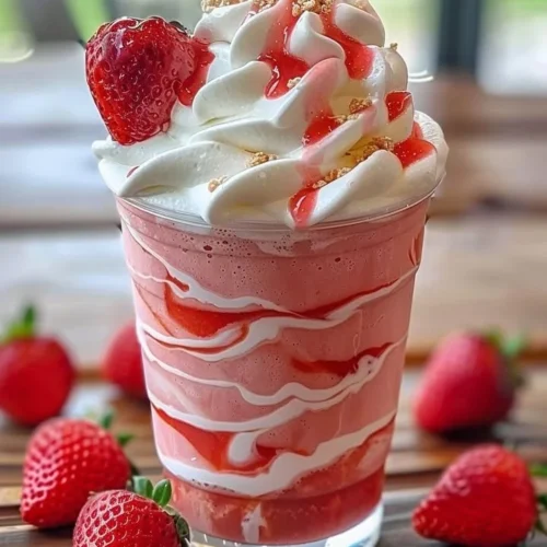 Delicious strawberries and cream frappuccino topped with whipped cream and fresh strawberries