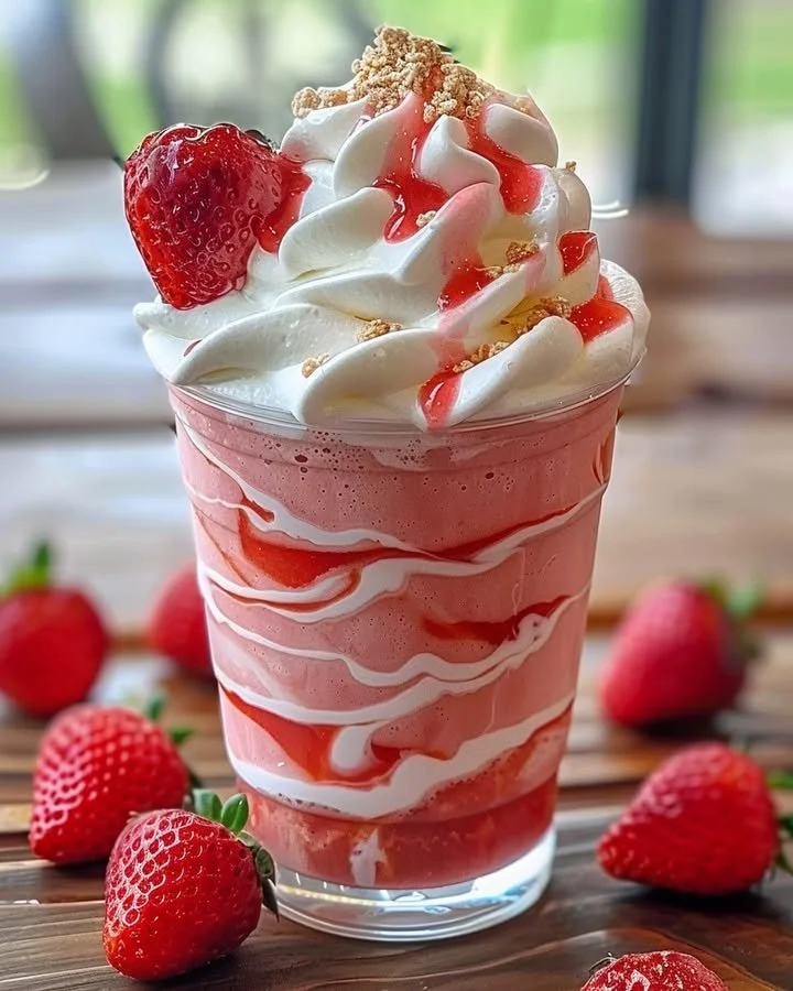 Delicious strawberries and cream frappuccino topped with whipped cream and fresh strawberries