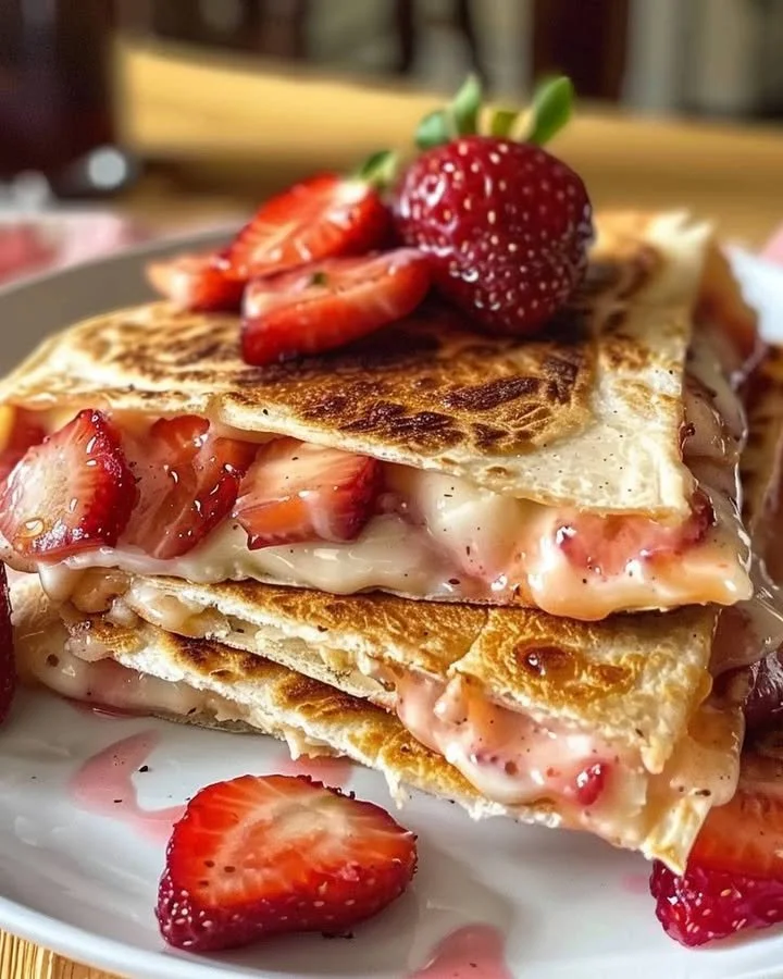 Delicious strawberry cheesecake quesadillas filled with cream cheese and strawberries