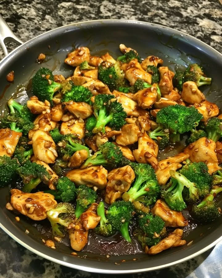 Szechuan-Style Chicken with Broccoli dish garnished with herbs