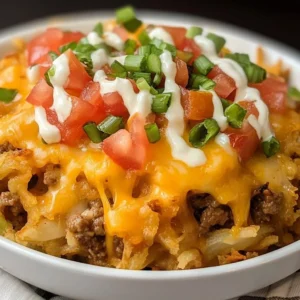 Delicious Taco Beef Casserole with hash browns, cheese, and toppings