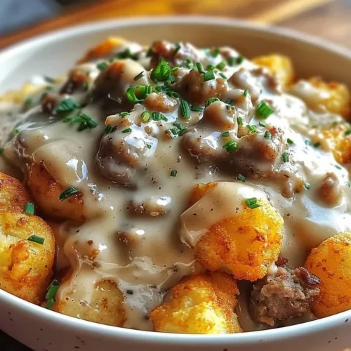 Tater Tot Breakfast Bowl topped with sausage gravy, eggs, and cheese.