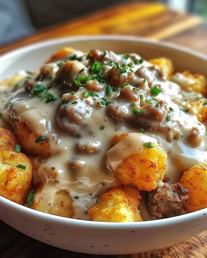Tater Tot Breakfast Bowl topped with sausage gravy, eggs, and cheese.