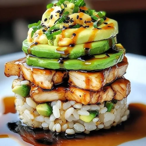 Delicious Teriyaki Chicken Avocado Rice Stack with fresh ingredients