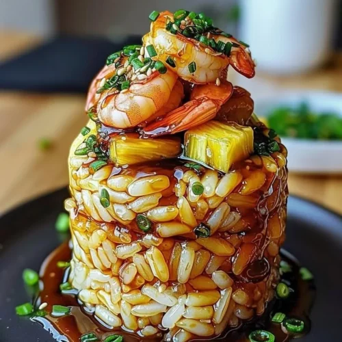 Teriyaki shrimp served with pineapple rice stack on a plate