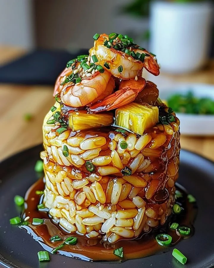 Teriyaki shrimp served with pineapple rice stack on a plate