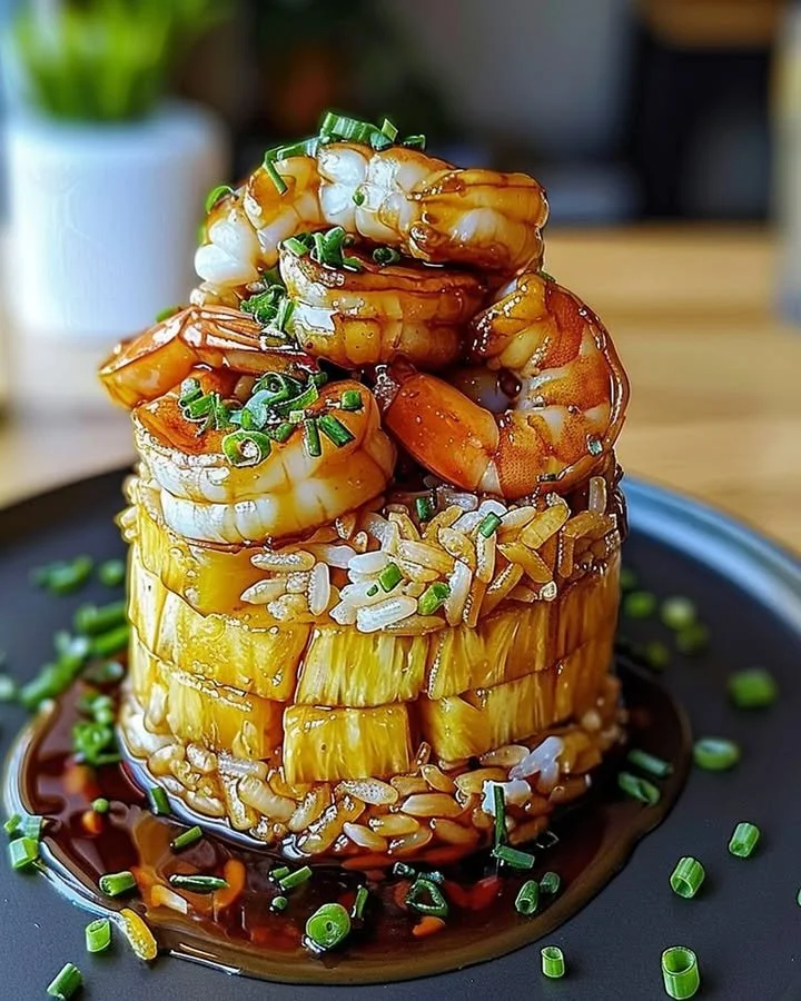 Teriyaki shrimp served with pineapple rice stack on a plate.