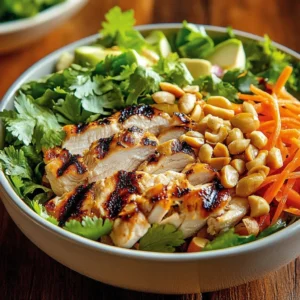 Delicious Thai Peanut Chicken Salad with colorful veggies and creamy peanut dressing.