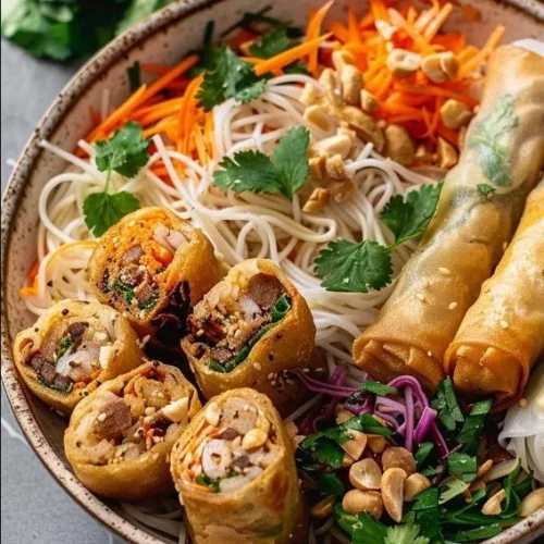 Delicious Thai Peanut Spring Roll Noodle Bowl with fresh ingredients and vibrant flavors