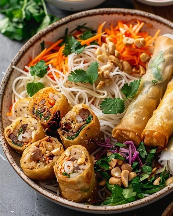 Delicious Thai Peanut Spring Roll Noodle Bowl with fresh ingredients and vibrant flavors