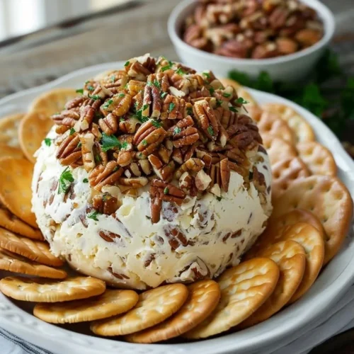 A delicious cheese ball served with crackers, perfect for parties and gatherings